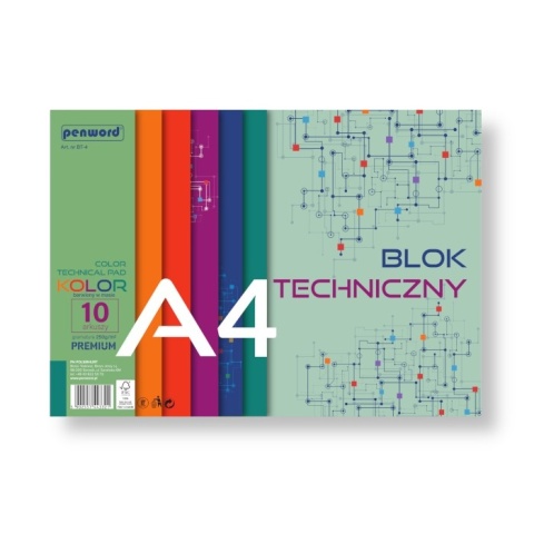 BLOK TECHNICZNY A4 KOLOROWY 10 KARTEK 250 g PREMIUM BT-4 , PENWORD