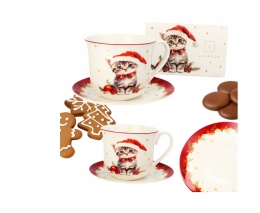 FILIŻANKA ŚWIĄTECZNA PORCELANOWA 400ML SPODEK JUMBO 15,5CM KOT , LIVELLO