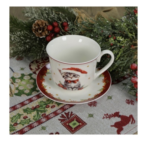 FILIŻANKA ŚWIĄTECZNA PORCELANOWA 400ML SPODEK JUMBO 15,5CM KOT , LIVELLO
