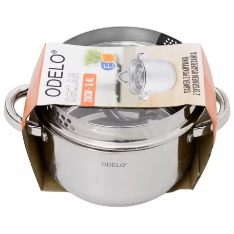 GARNEK STALOWY Z POKRYWĄ FUNKCJA ODCEDZANIA 20 x 11 cm 3,4 L DECLAN , ODELO