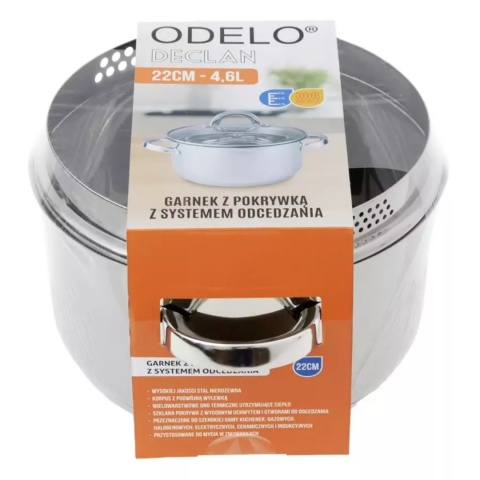 GARNEK STALOWY Z POKRYWĄ FUNKCJA ODCEDZANIA 22 x 12 cm 4,6 L DECLAN , ODELO