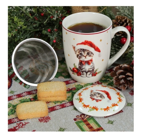 KUBEK ŚWIĄTECZNY DO KAWY HERBATY PORCELANOWY ZAPARZACZ 350 ML KOT , LIVELLO