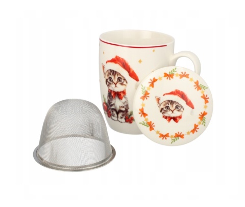KUBEK ŚWIĄTECZNY DO KAWY HERBATY PORCELANOWY ZAPARZACZ 350 ML KOT , LIVELLO