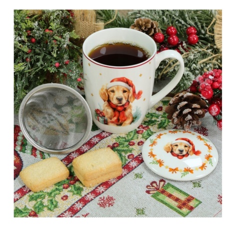 KUBEK ŚWIĄTECZNY DO KAWY HERBATY PORCELANOWY ZAPARZACZ 350 ML PIES , LIVELLO