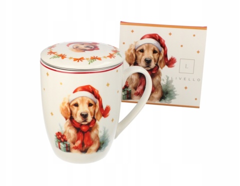 KUBEK ŚWIĄTECZNY DO KAWY HERBATY PORCELANOWY ZAPARZACZ 350 ML PIES , LIVELLO