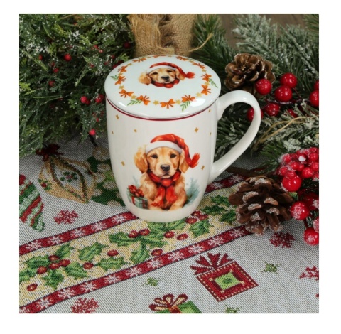 KUBEK ŚWIĄTECZNY DO KAWY HERBATY PORCELANOWY ZAPARZACZ 350 ML PIES , LIVELLO