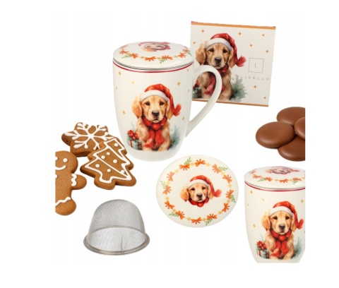 KUBEK ŚWIĄTECZNY DO KAWY HERBATY PORCELANOWY ZAPARZACZ 350 ML PIES , LIVELLO