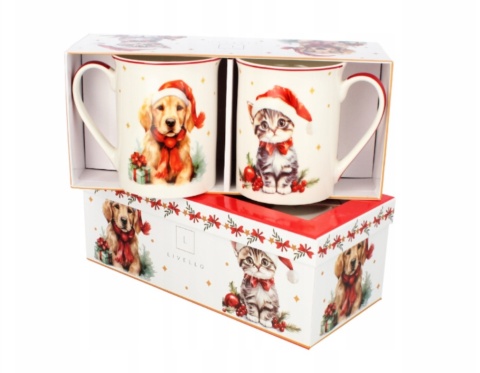 ZESTAW 2 SZTUK KUBKÓW PORCELANOWYCH ŚWIĄTECZNYCH DO KAWY 350 ML KOT PIES , LIVELLO