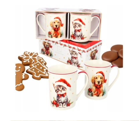 ZESTAW 2 SZTUK KUBKÓW PORCELANOWYCH ŚWIĄTECZNYCH DO KAWY 350 ML KOT PIES , LIVELLO