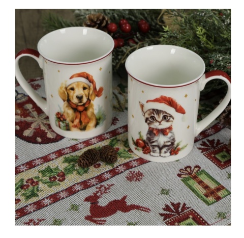 ZESTAW 2 SZTUK KUBKÓW PORCELANOWYCH ŚWIĄTECZNYCH DO KAWY 350 ML KOT PIES , LIVELLO