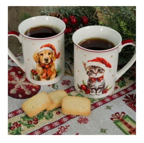ZESTAW 2 SZTUK KUBKÓW PORCELANOWYCH ŚWIĄTECZNYCH DO KAWY 350 ML KOT PIES , LIVELLO