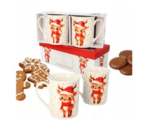 ZESTAW DWÓCH SZTUK KUBKÓW PORCELANOWYCH ŚWIĄTECZNY DO KAWY 350 ML RENIFER ZŁOTO , LIVELLO