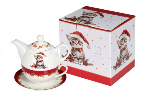ZESTAW ŚWIĄTECZNY DZBANEK PORCELANOWY 400 ML FILIŻANKA 250 ML KOT , LIVELLO