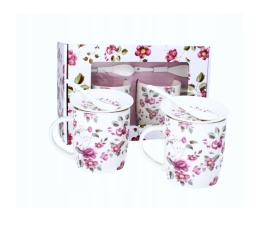 ZESTAW 2 SZTUK KUBKÓW PORCELANOWYCH 340 ml KWIATY ZE SPODAKMI 14 cm I ŁYŻECZKAMI CR13-13 , LIVELLO