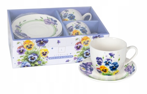 ZESTAW FILIŻANKI 250 ml ZE SPODKAMI 14 cm 2 SZTUKI KWIATY BRATKI CR2-98 , LIVELLO