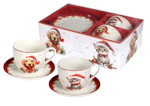 ZESTAW FILIŻANKI ZE SPODKAMI 2 SZTUKI FILIŻANKA ZE SPODKIEM PIES I KOT CR2-S12 , LIVELLO